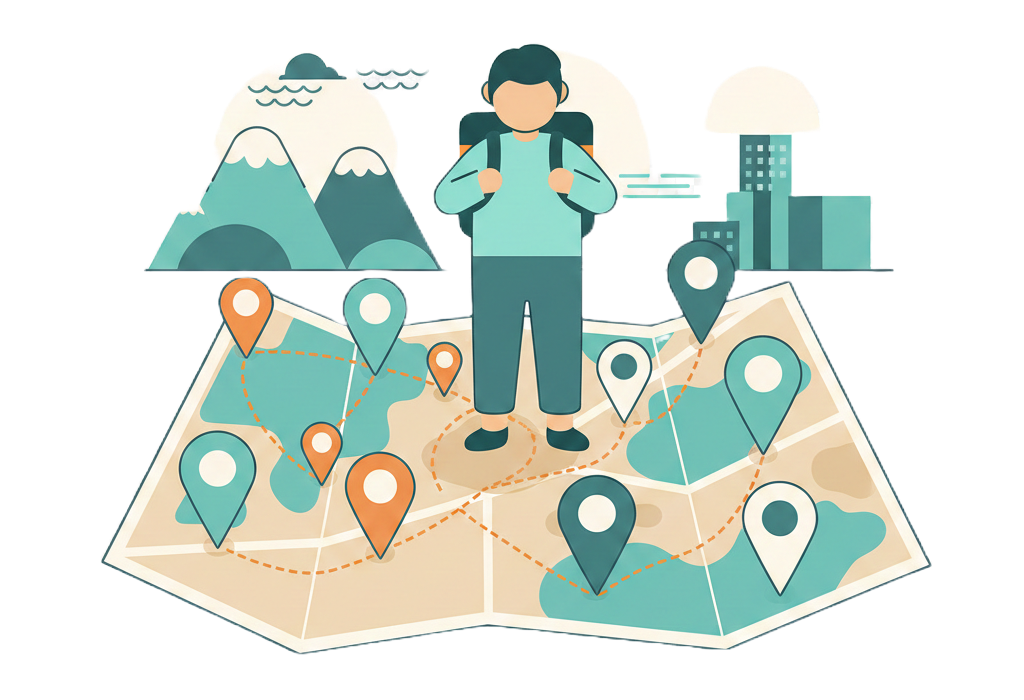 Podróżnik z plecakiem patrzący na mapę z pinezkami tras